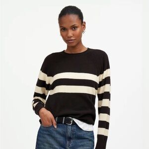 Madewell Cashmere Raglan Sweater Black & Cream Striped Crewneck - Women's